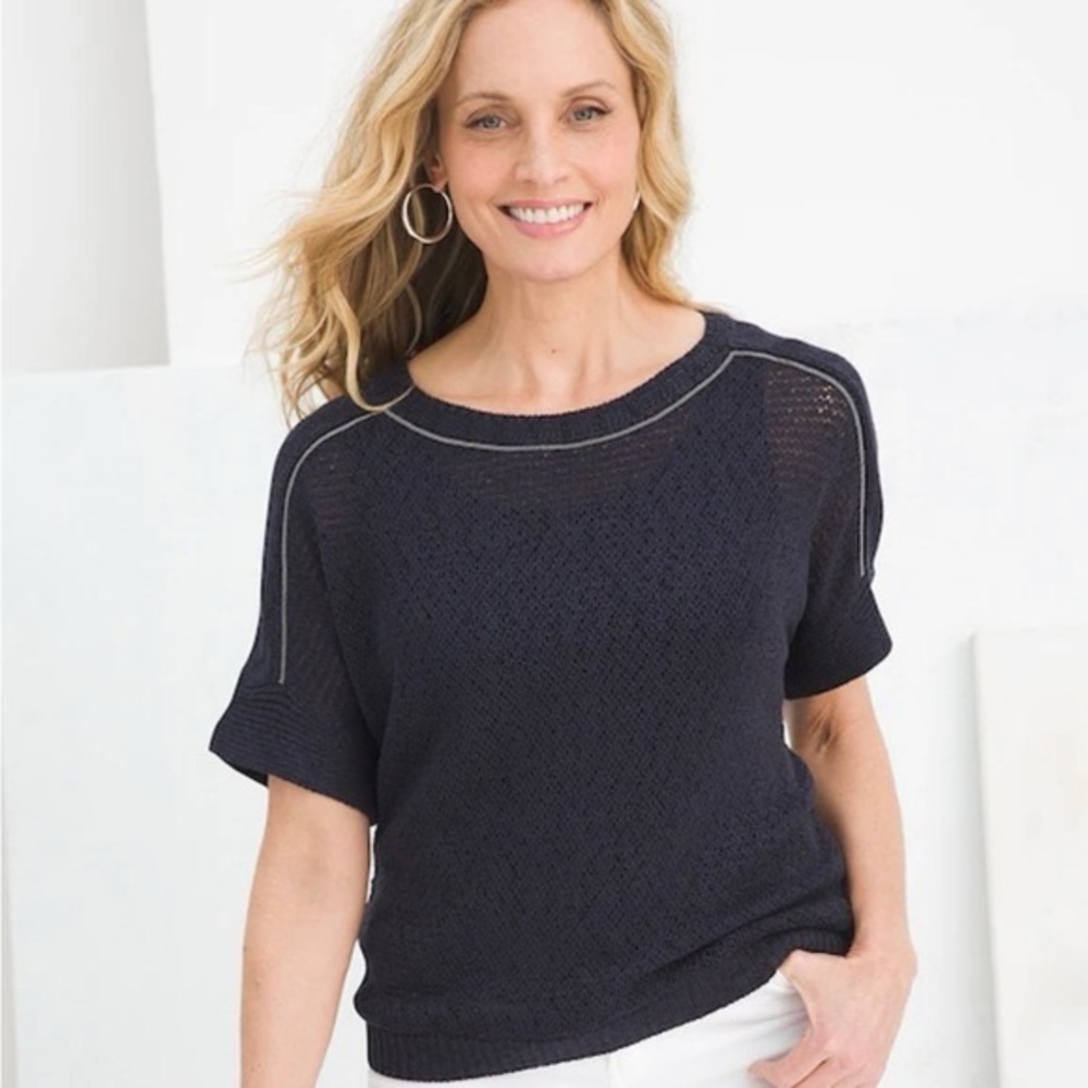 Chico's Navy Blue Beaded Mesh Knit Sweater Tee Tunic XL Short Sleeve Coastal